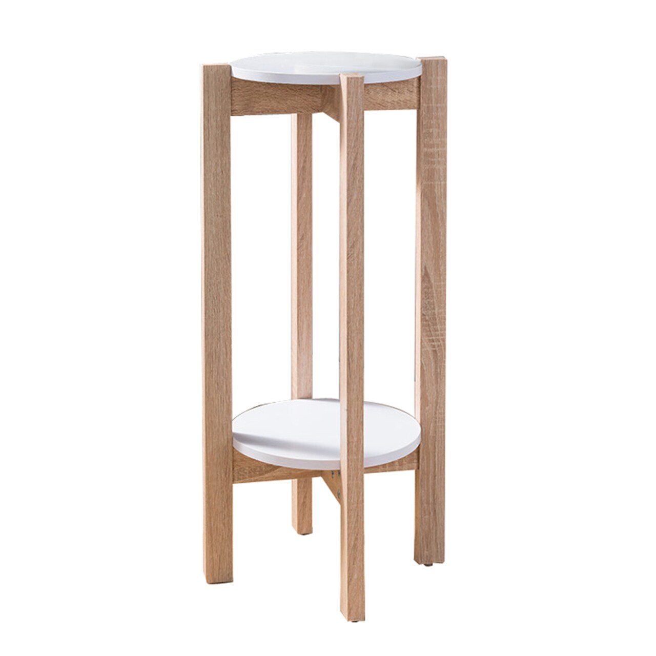 Benzara Natural Wood Plant Stand With Two Round Shelves, Light Brown and white- Saltoro Sherpi